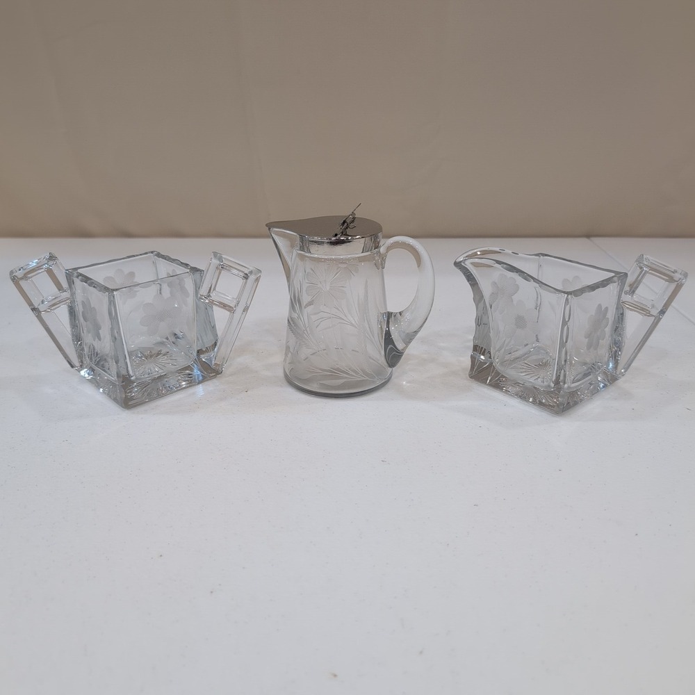 VTG Heisey Etched Daisy Crystal Creamer Sugar Quator #355 Set + Matching Pitcher - Picture 1 of 11
